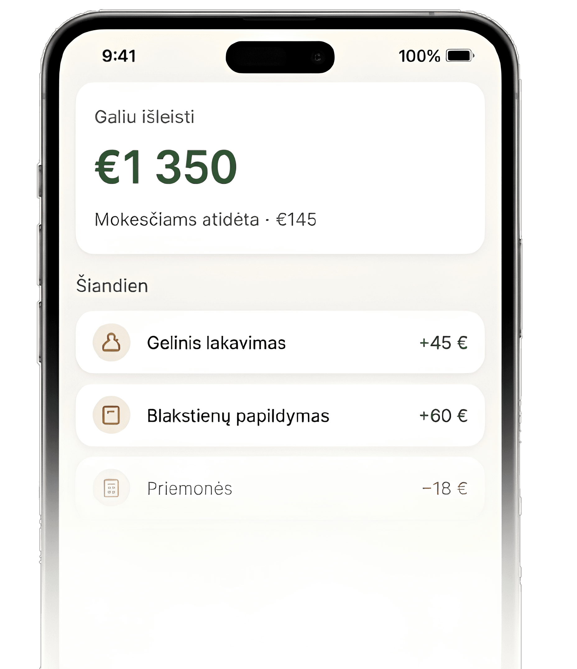 Monivo aplikacijos peržiūra: galiu išleisti €1 350, mokesčiams atidėta €145, šios dienos pajamų ir išlaidų sąrašas.